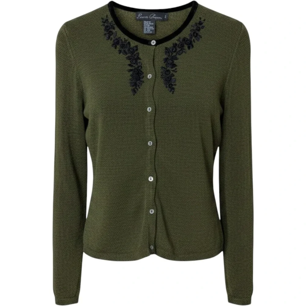 Lucia Burns Olive Green Embroidered Floral Cardigan Sweater Velvet Trim Size M